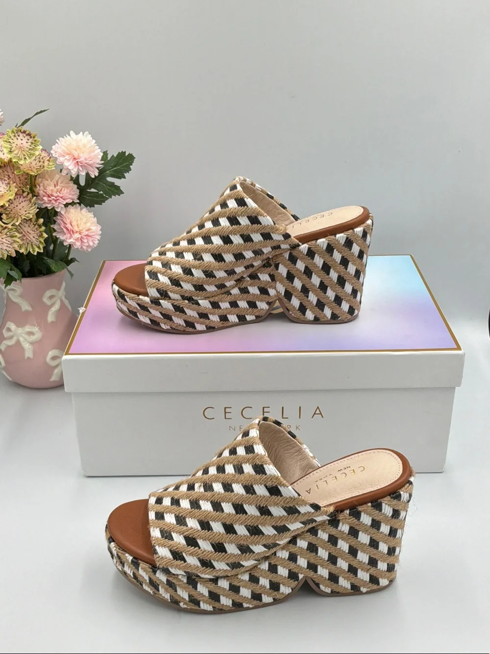 CECELIA NEW YORK Brown & White Woven Platform Mules